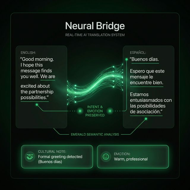 Neural Bridge — Real-time translation showing English to Spanish with intent preservation